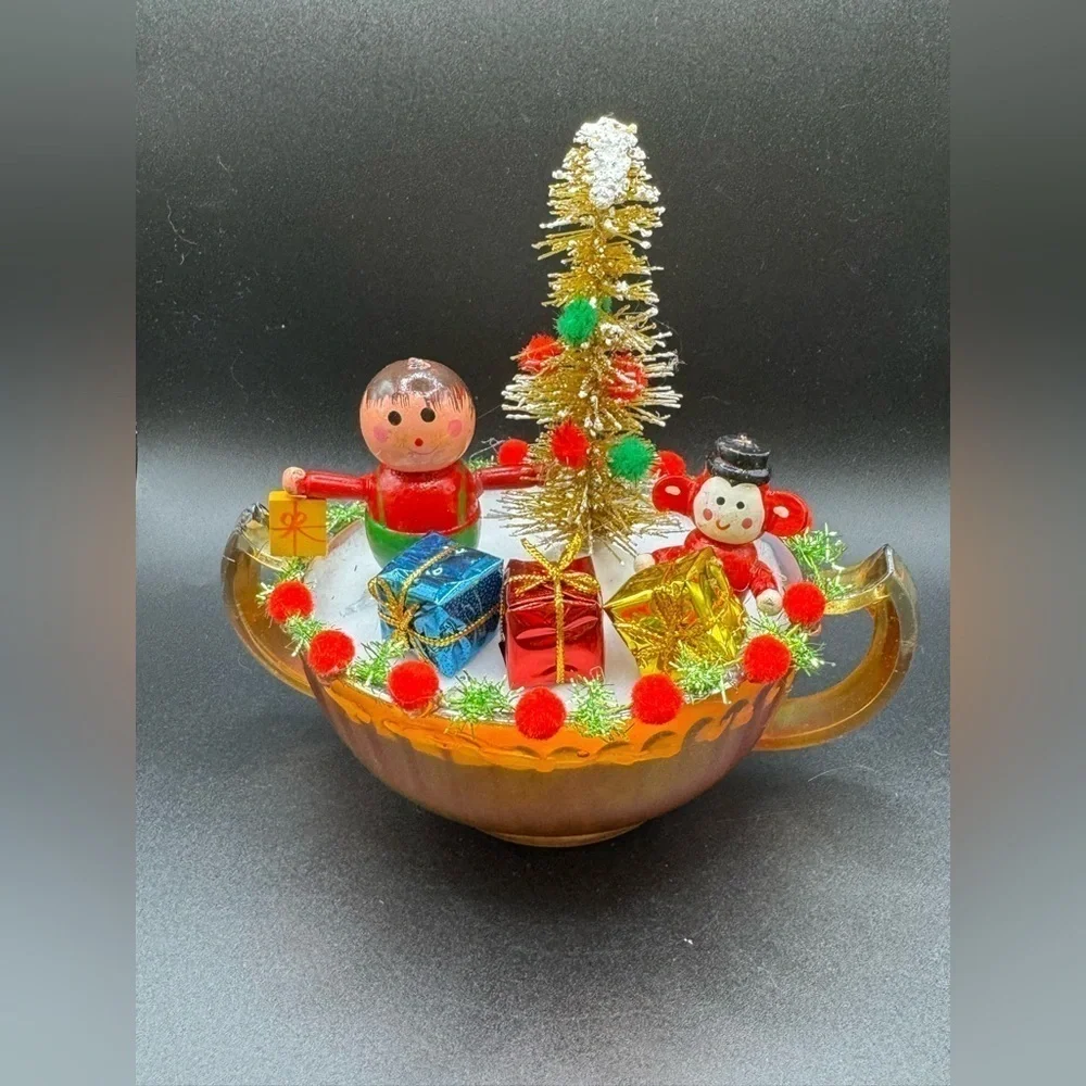OOAK Christmas Assemblage Decor Vintage Wooden Ornaments and Carnival Glass